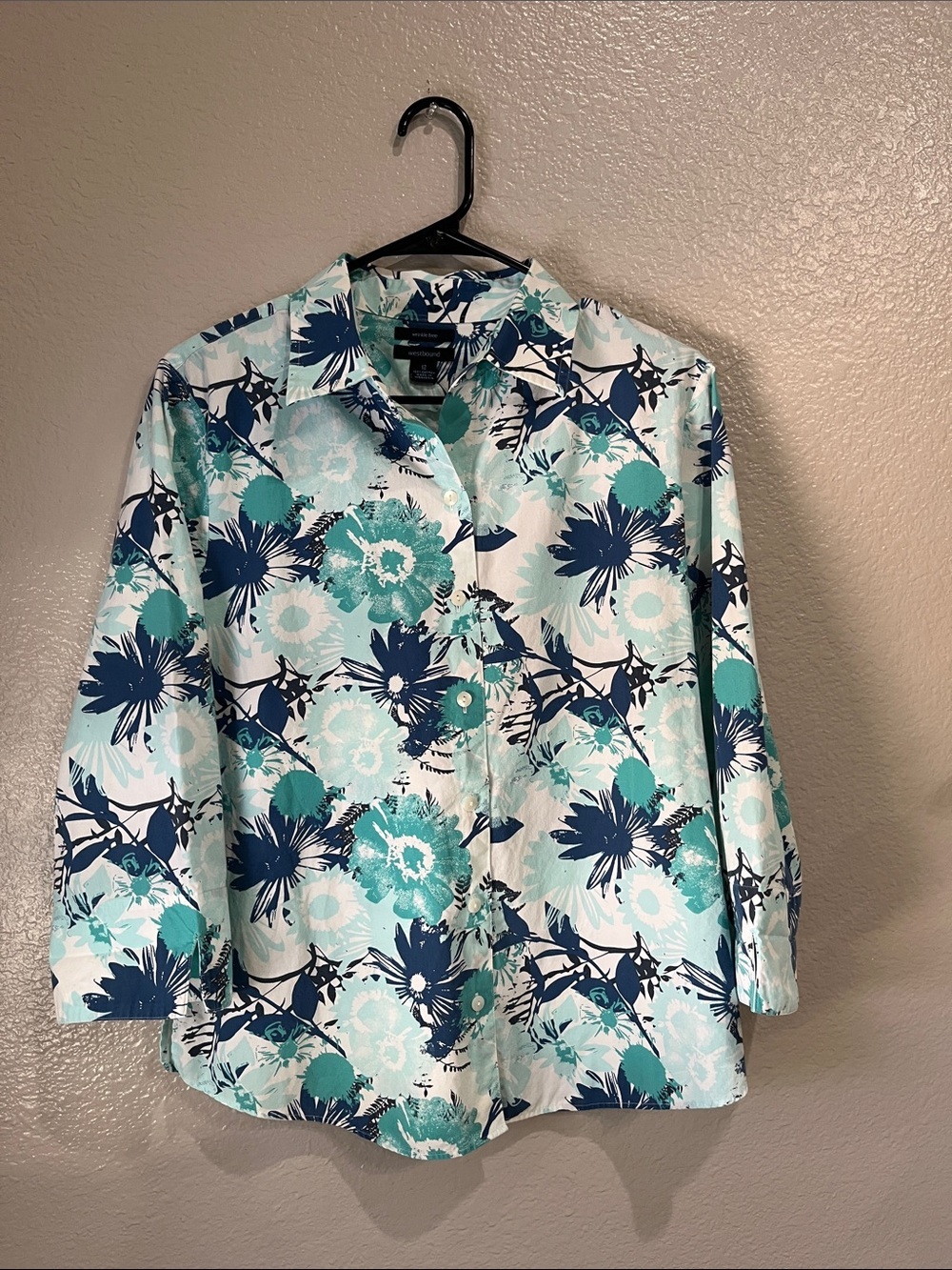 Westbound Teal & Navy Floral Button-Up 3/4 Sleeve Sz 12 Cotton Vacay Chic